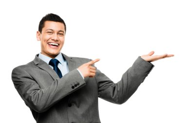 Asya işadamı boş kopya alanı gösterilen