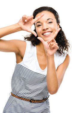 Fotoğraf parmak izole çerçeveleme güzel karışık ırk kadın