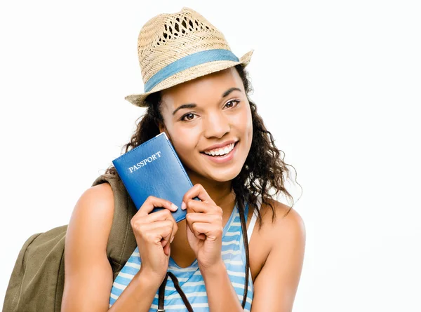 Happy African American woman tourist holding passport — Stock Photo, Image