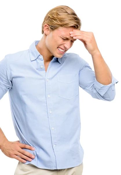 Stressed man suffering from headache isolated on white background — Stock Photo, Image