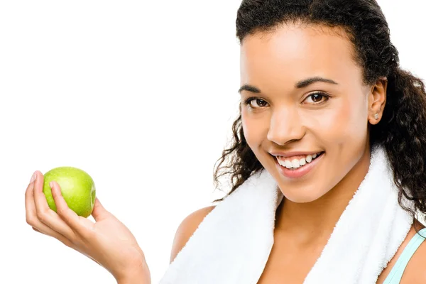 Saludable joven mujer de raza mixta sosteniendo manzana verde —  Fotos de Stock