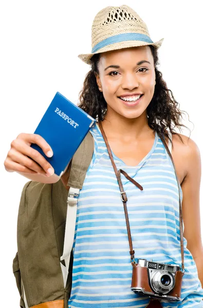 Happy African American woman tourist holding passport — Stock Photo, Image