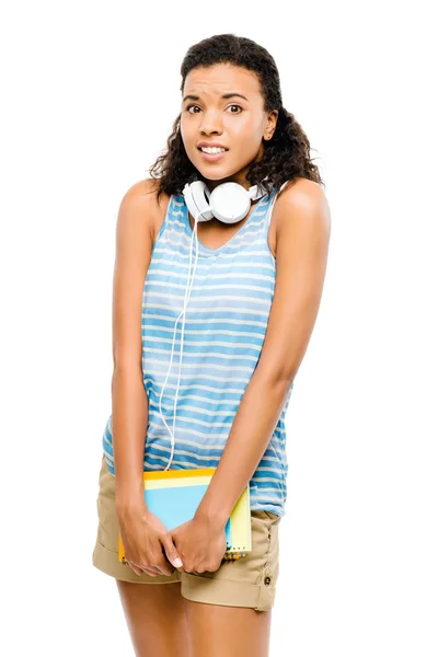 Scared mixed race woman student going back to school — Stock Photo, Image