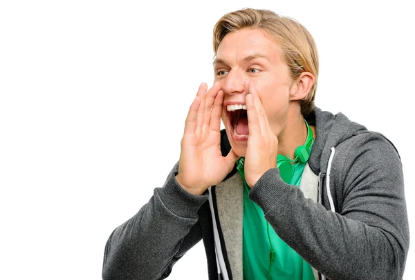 Jovem feliz gritando isolado no fundo branco — Fotografia de Stock