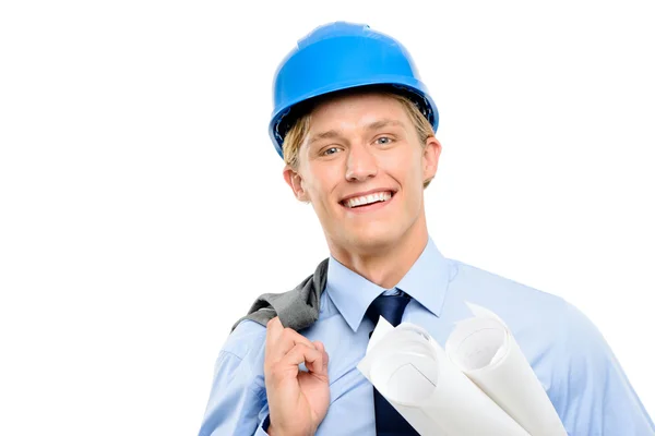 Selbstbewusster junger Geschäftsmann mit Blaupausen auf weißem Hintergrund — Stockfoto