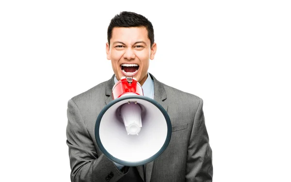 Сумасшедший азиатский бизнесмен кричит в мегафон — стоковое фото