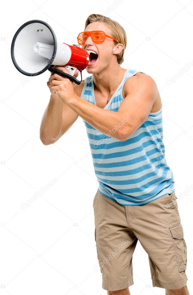 Funny man shouting in megaphone isolated on white background