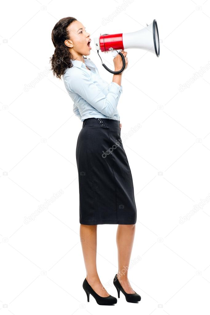 Hispanic businesswoman shouting megaphone loudspeker white