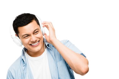 Asya lsitening müzik öğrenci heaphones için beyaz arka plan