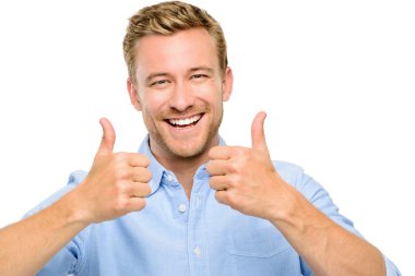 Happy man thumbs up sign full length portrait on white backgroun