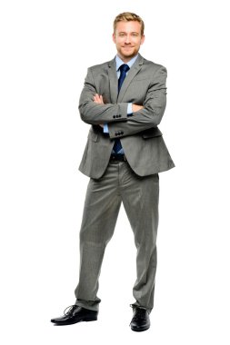 Happy businessman arms folded isolated on white