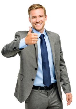 Mutlu iş adamı beyaz arka planda işaret verdi