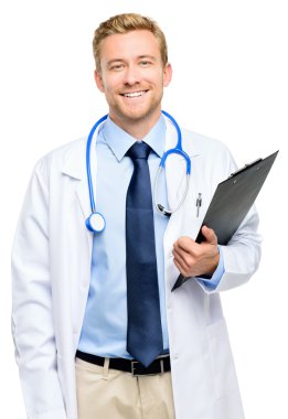 Kendine güvenen genç bir doktor beyaz zemin üzerine tam uzunlukta