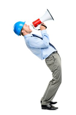 Businessman shouting with megaphone on white background clipart
