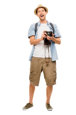 Turist retro kamera seyahat fotoğrafçısı