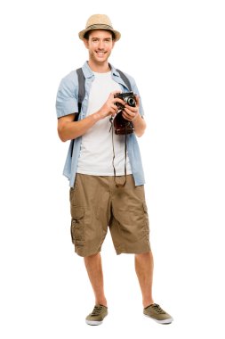 Turist retro kamera seyahat fotoğrafçısı