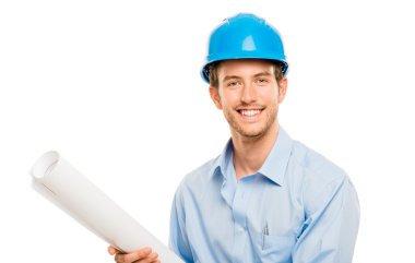 Kendine güvenen genç bussinessman mimar beyaz zemin üzerine tam uzunlukta