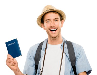 mutlu genç turizm seyahat pasaport izole beyaz arka plan