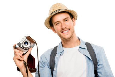 Turist retro kamera seyahat fotoğrafçısı
