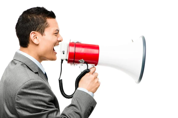 Crazy Asian businessman screaming in megaphone — Stock Photo, Image