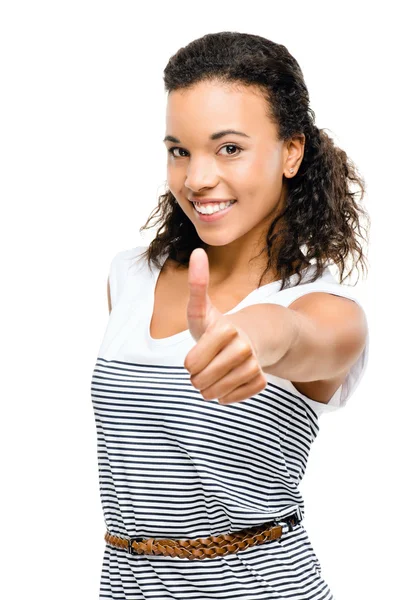 Hermosa raza mixta Mujer sonriendo pulgares hacia arriba aislado en blanco b —  Fotos de Stock