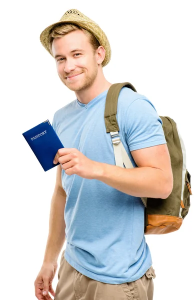 Feliz jovem turista homem segurando passaporte fundo branco — Fotografia de Stock