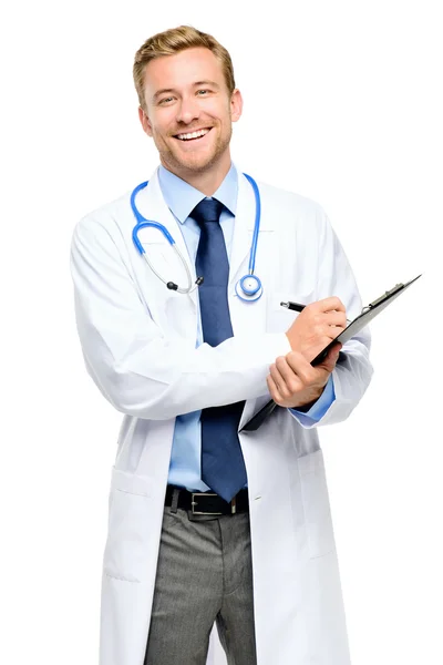 Retrato de jovem médico confiante no fundo branco — Fotografia de Stock