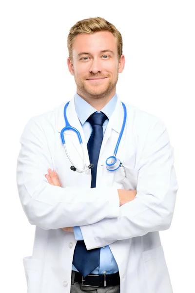 Portrait of confident young doctor on white background — Stock Photo, Image