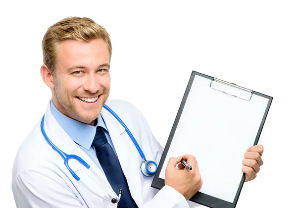 Retrato de seguro médico joven sobre fondo blanco —  Fotos de Stock