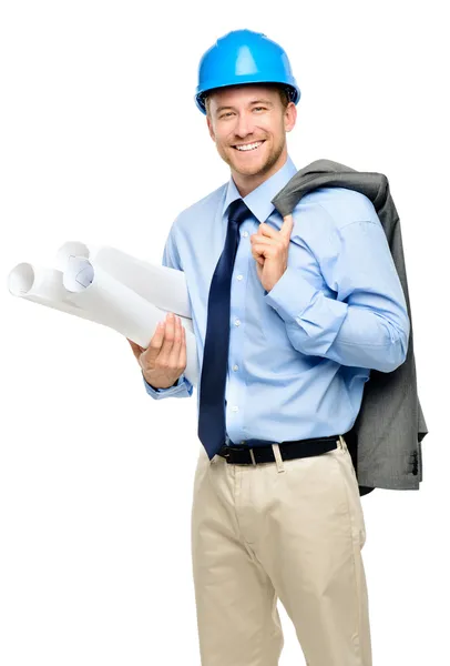 Счастливый молодой бизнесмен архитектор на белом фоне — стоковое фото