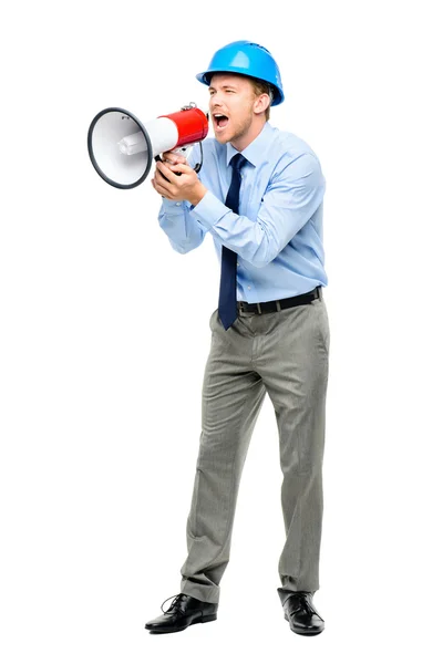 Empresário gritando com megafone no fundo branco — Fotografia de Stock