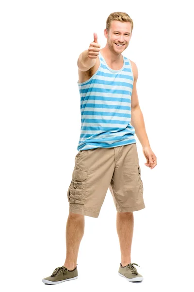 Hombre feliz dando pulgares hacia arriba signo - retrato de cuerpo entero en blanco —  Fotos de Stock