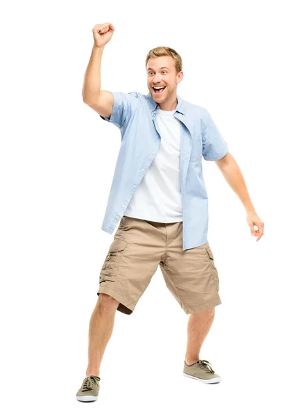 Счастливый молодой человек празднует успех на белом фоне — стоковое фото