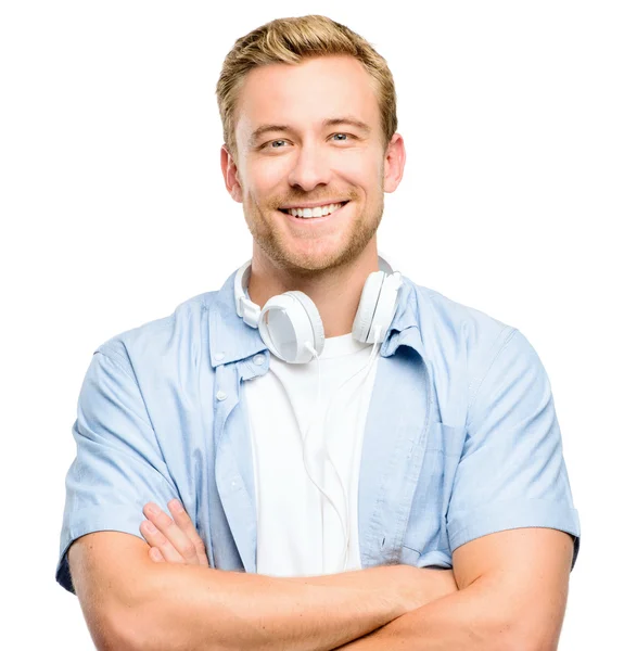 Joven sexy con auriculares aislados en blanco — Foto de Stock