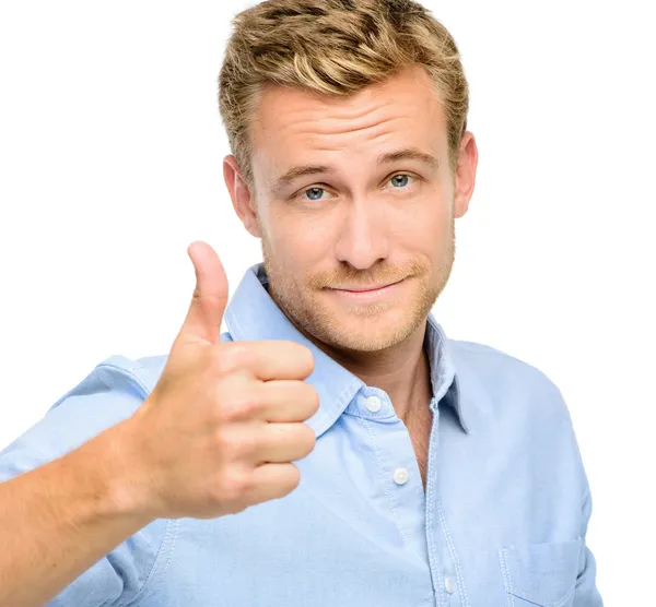 Happy man thumbs up sign full length portrait on white background Stock