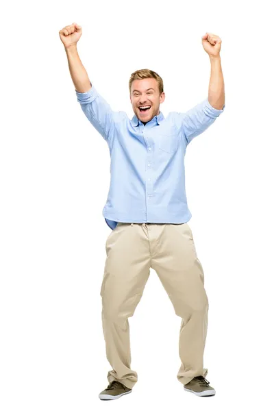Jovem feliz celebrando o sucesso no fundo branco — Fotografia de Stock