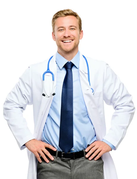 Retrato de jovem médico confiante no fundo branco — Fotografia de Stock