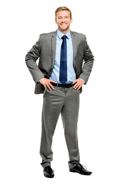 Felice uomo d'affari in piedi isolato su bianco — Foto Stock