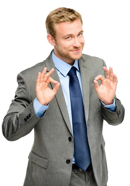 Homem de negócios feliz sinal ok - retrato no fundo branco — Fotografia de Stock