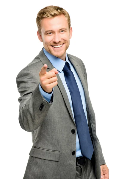 Hombre de negocios feliz señalando sobre fondo blanco —  Fotos de Stock