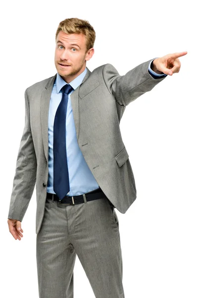 Hombre de negocios feliz señalando sobre fondo blanco —  Fotos de Stock