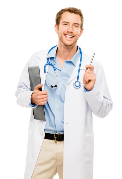 Confident young male doctor holding clipboard on white background — Stock Photo, Image