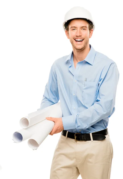 Full length of confident young bussinessman architect on white — Stock Photo, Image