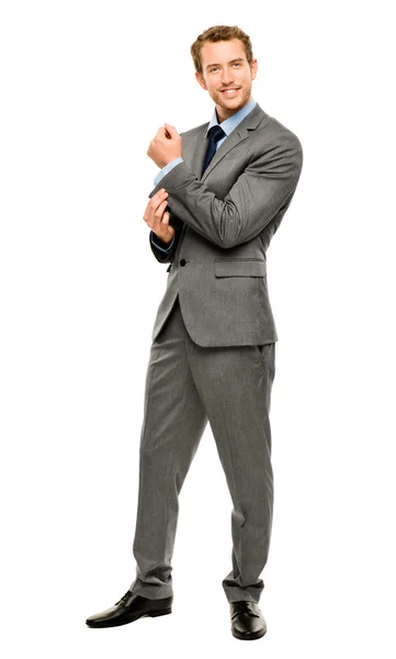 Uomo d'affari braccia piegato sorridente isolato sfondo bianco — Foto Stock