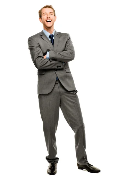 Uomo d'affari braccia piegato sorridente isolato sfondo bianco — Foto Stock