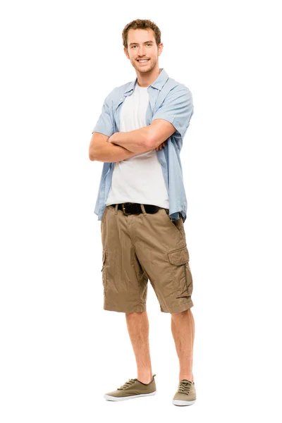 Atraktivní mladý muž v ležérní oblečení bílé pozadí — Stock fotografie