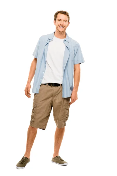 Full längd attraktiv ung man i casual kläder vit bakgrunds — Stockfoto