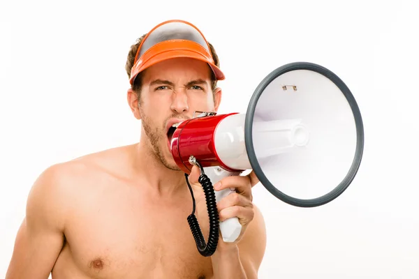 Closeup of crazy lifeguard man shouting in megaphone on white — Stock Photo, Image