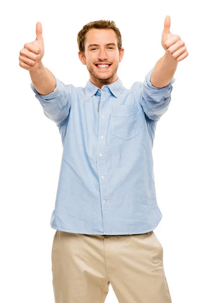 Szczęśliwy człowiek kciuki do góry na białym tle — Zdjęcie stockowe