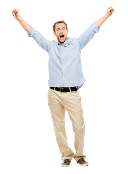 Homem feliz celebrando armas até sucesso — Fotografia de Stock